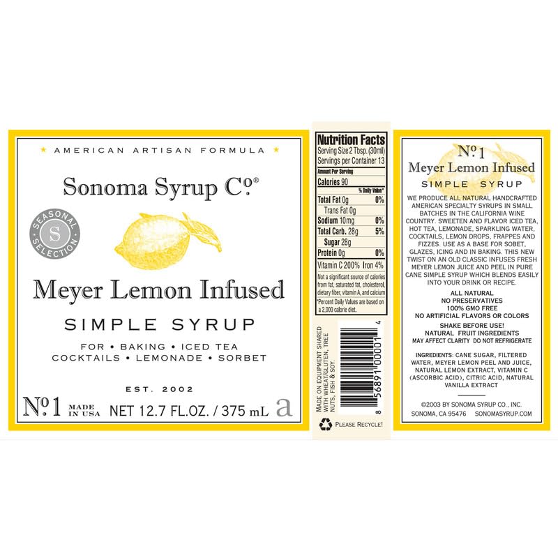 Sonoma Syrup Co Meyer Lemon Infused Simple Syrup