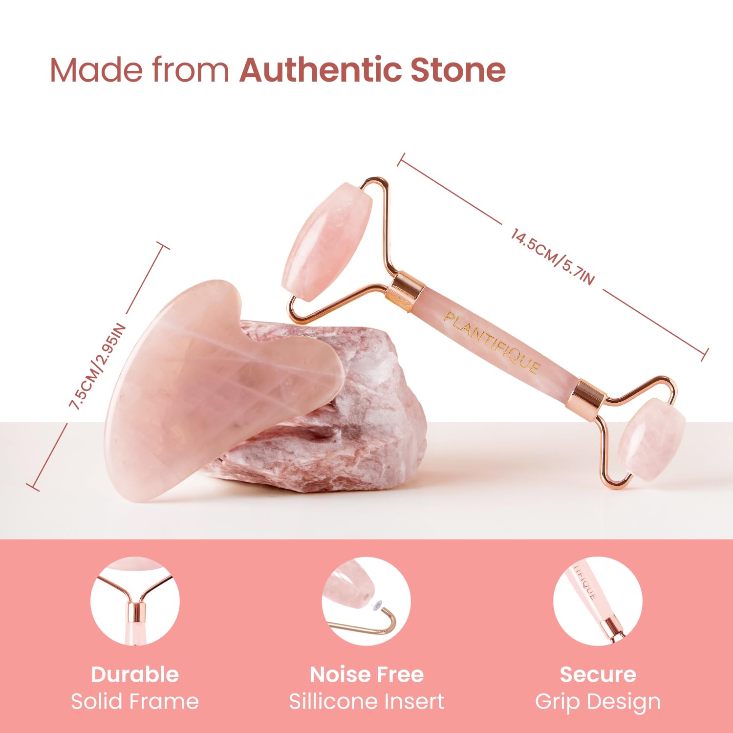 PLANTIFIQUE Face Roller and Gua Sha Rose Quartz