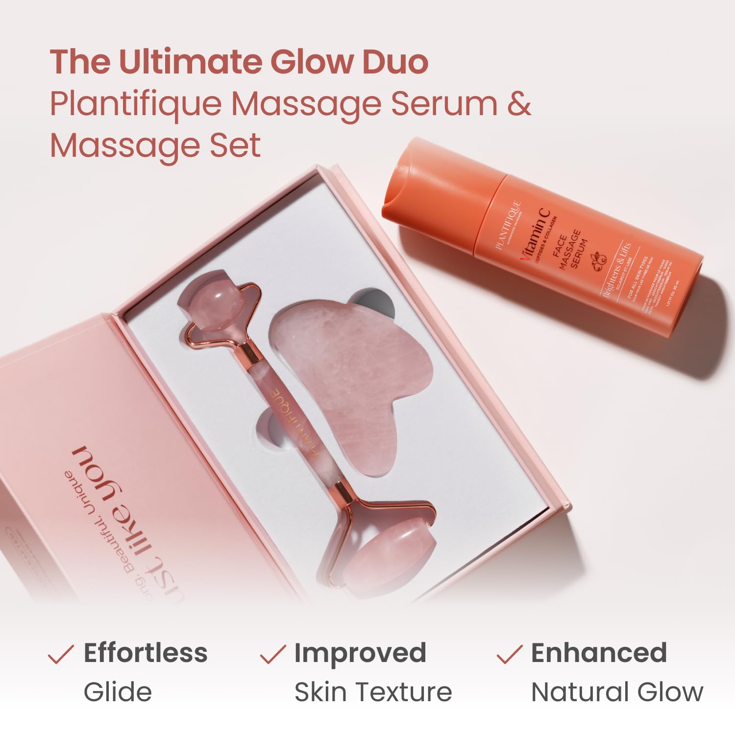 PLANTIFIQUE Face Roller and Gua Sha Rose Quartz