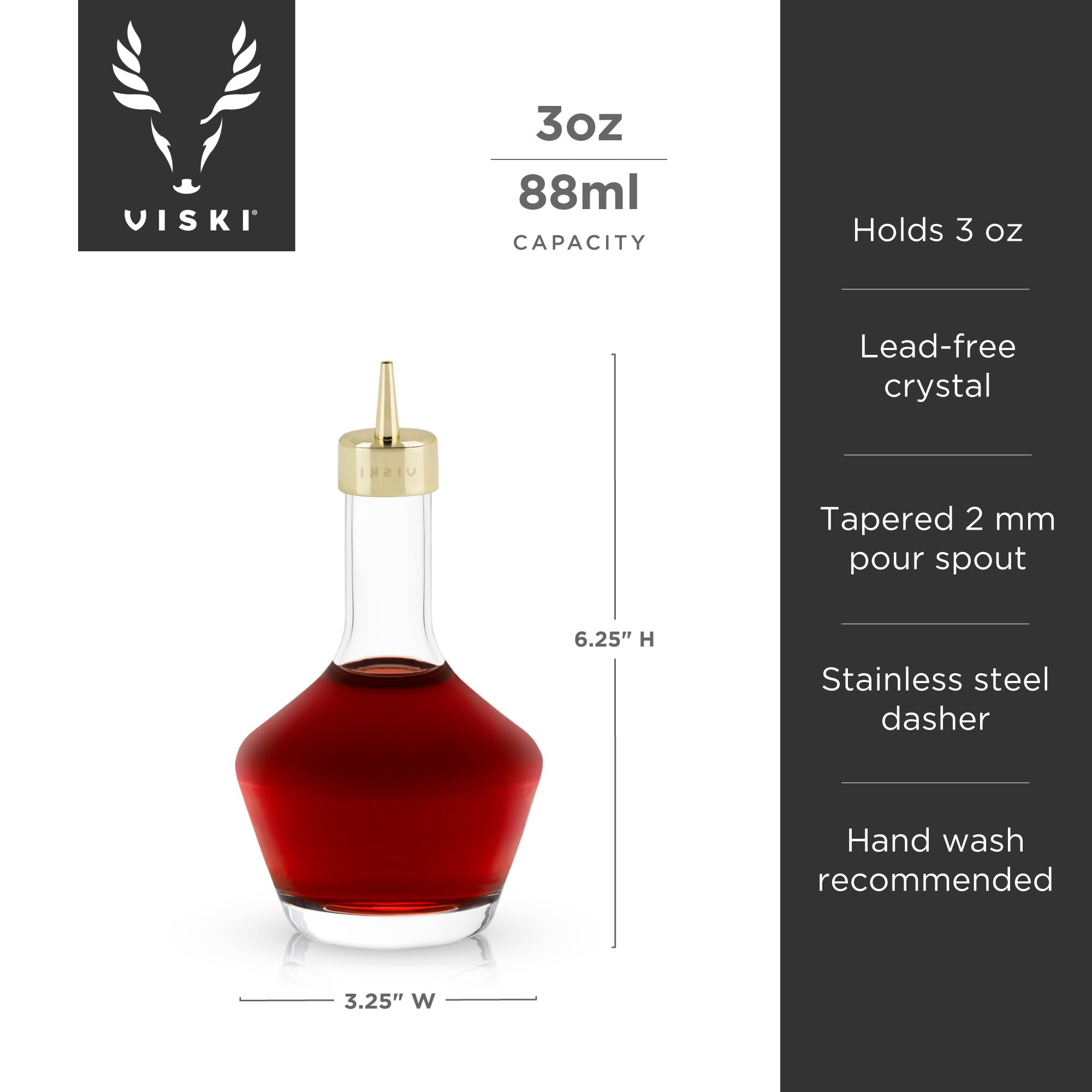 Viski Belmont Crystal Glass Cocktail Bitters Bottle with Gold Dasher Top