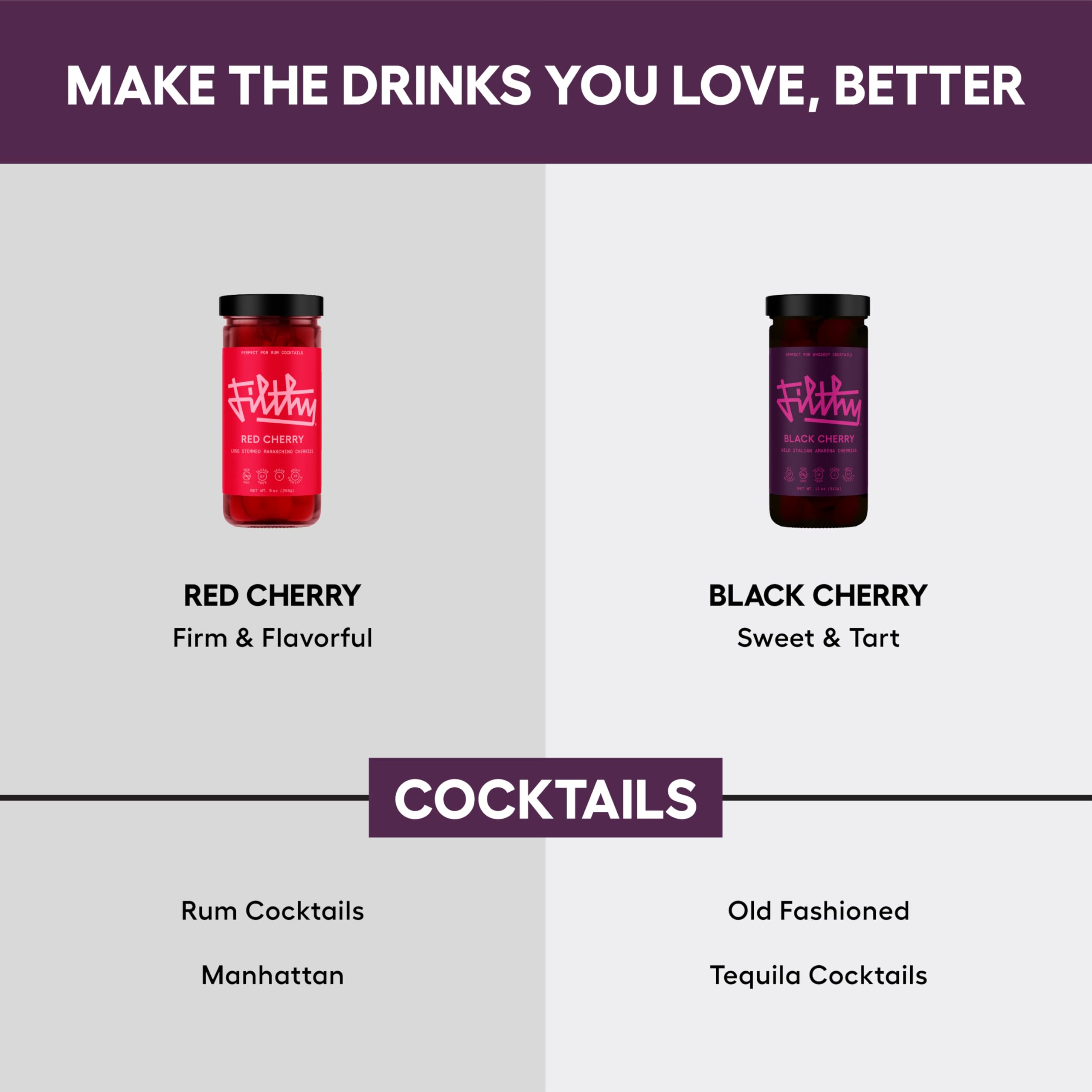 Filthy Cocktail Amarena Black Cherries, Premium Cocktail Garnish