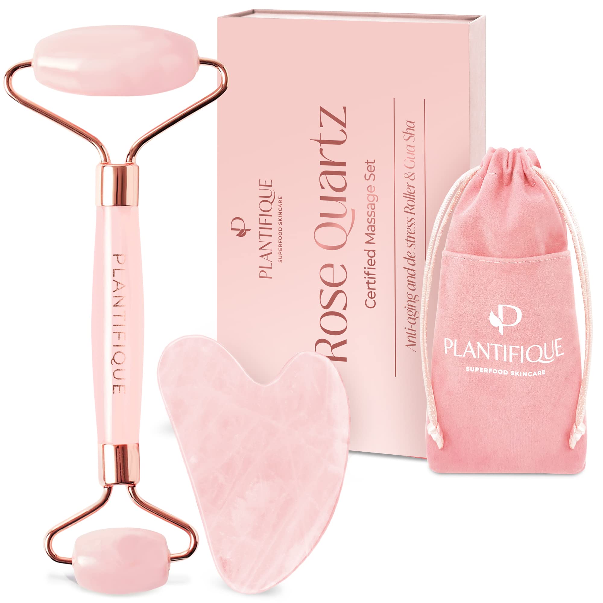 PLANTIFIQUE Face Roller and Gua Sha Rose Quartz