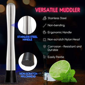 Hiware 10 Inch Stainless Steel Cocktail Muddler and Mixing Spoon Home Bar Tool Set
