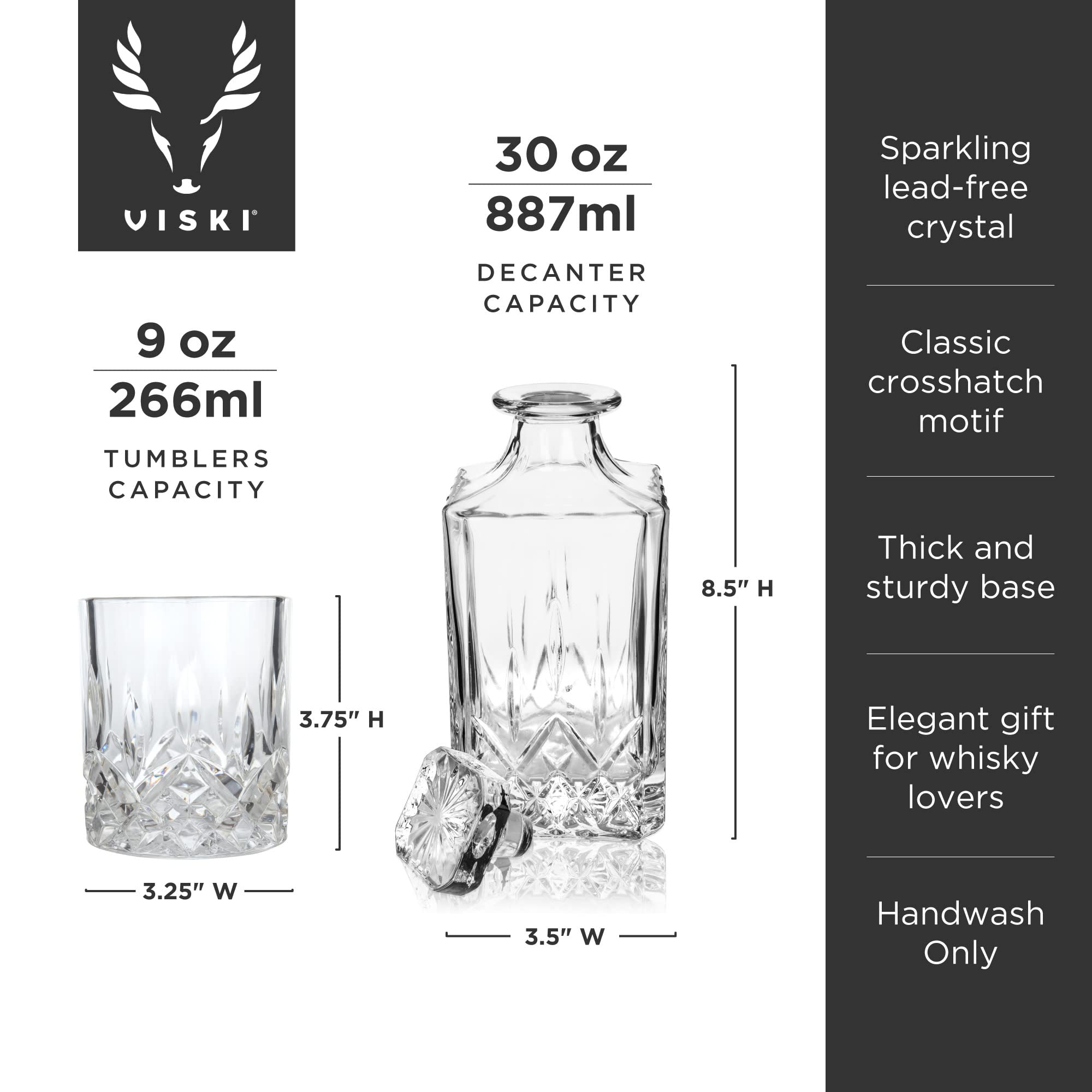 Viski Admiral 3-Piece Whiskey Decanter Set with Glasses