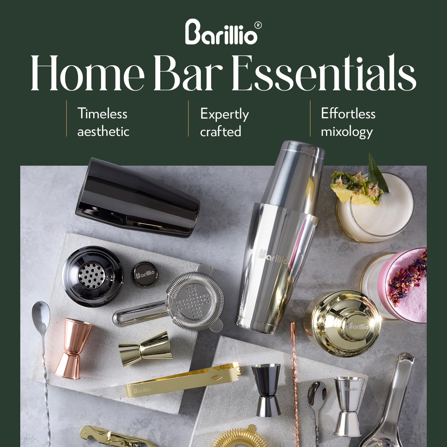 Barillio Bartender Kit - Stainless-Steel Cocktail Shaker Set w/Bamboo Stand - 23-Pc Bar Set - Silver