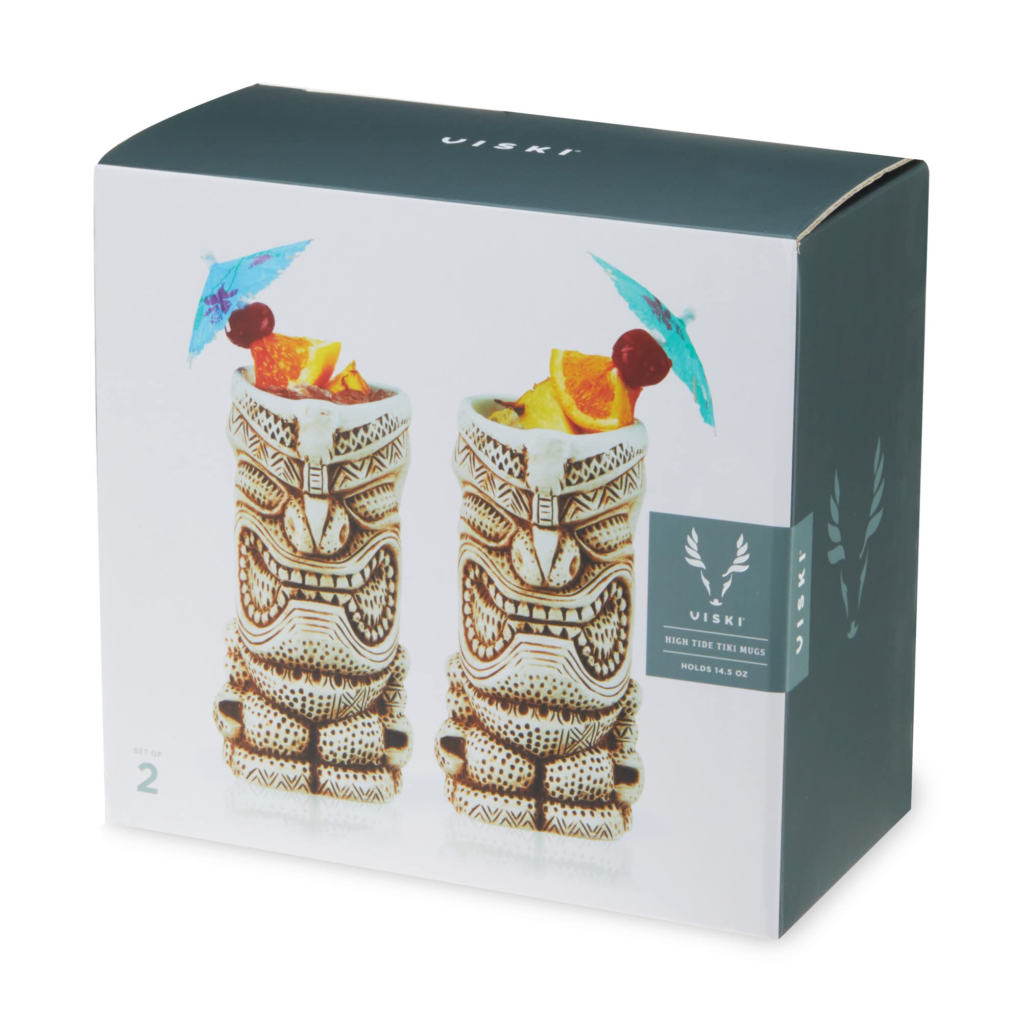 Viski High Tide Tiki Mugs - Hand Painted Ceramic Tiki Glasses for Cocktails