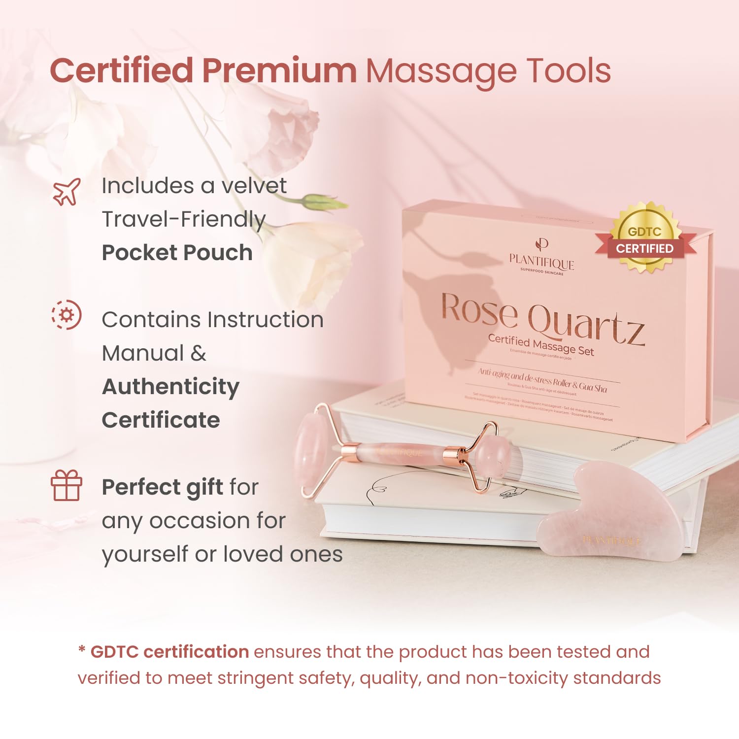 PLANTIFIQUE Face Roller and Gua Sha Rose Quartz