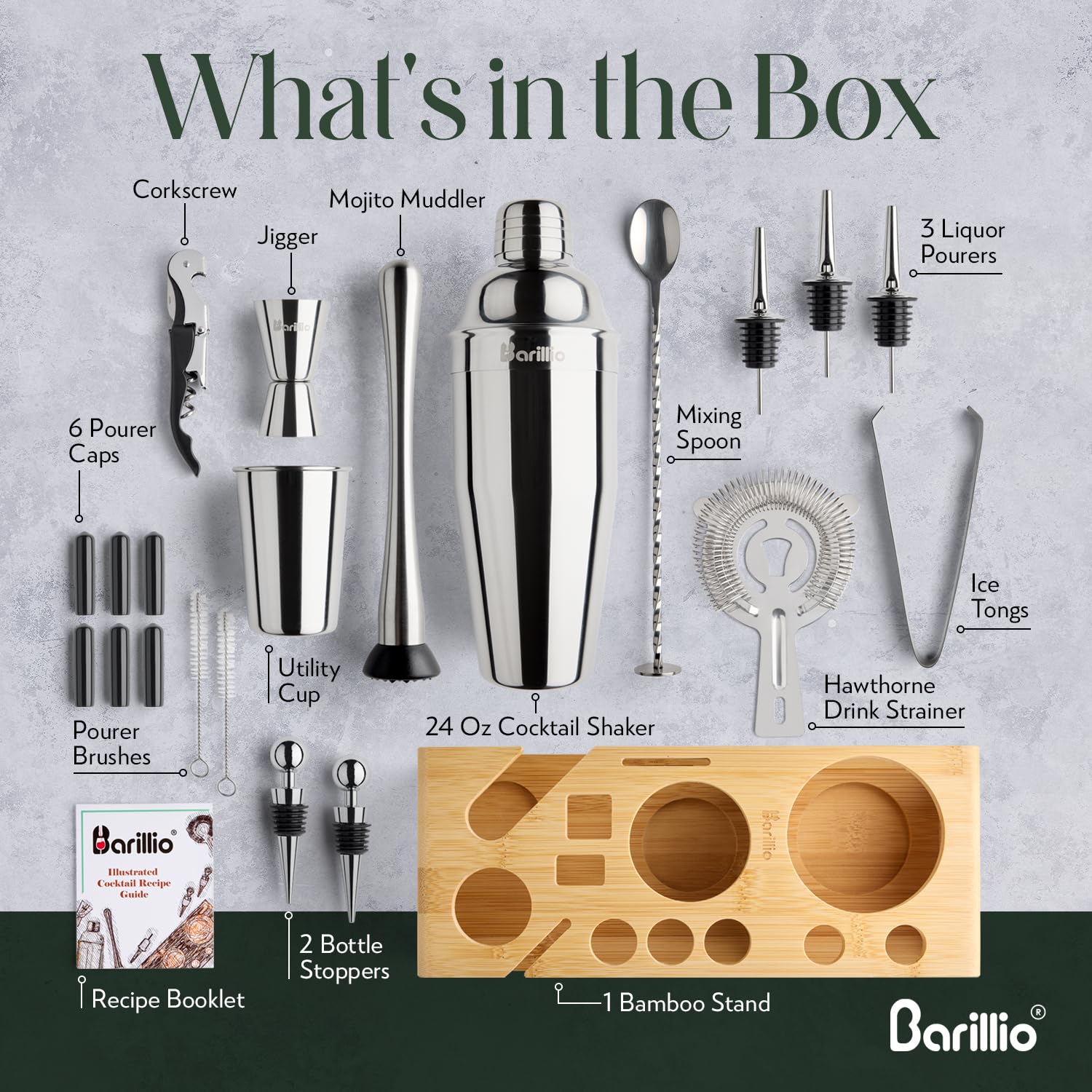 Barillio Bartender Kit - Stainless-Steel Cocktail Shaker Set w/Bamboo Stand - 23-Pc Bar Set - Silver