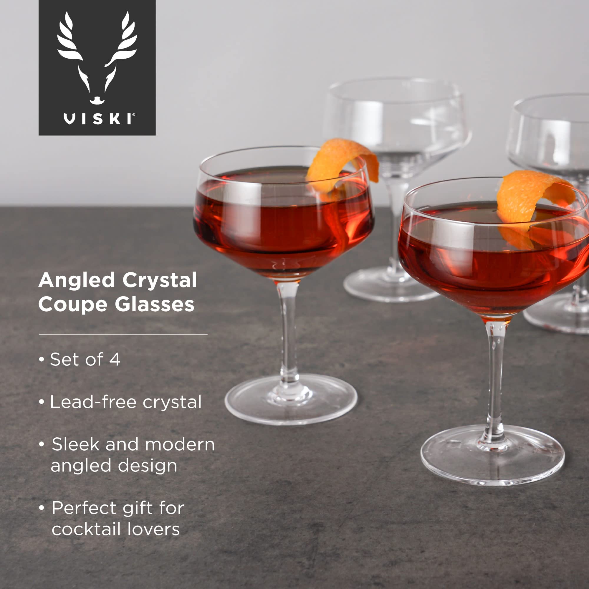 Viski Raye Angled Stemmed Crystal Coupe Cocktail Glass - Set of 4