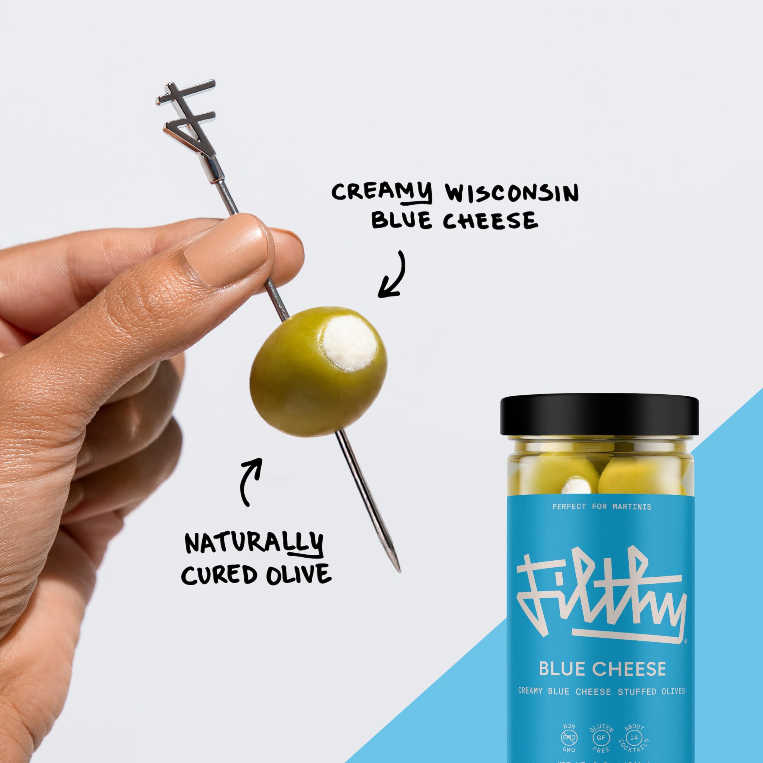 Filthy Blue Cheese Stuffed Olives, Premium Cocktail Garnish