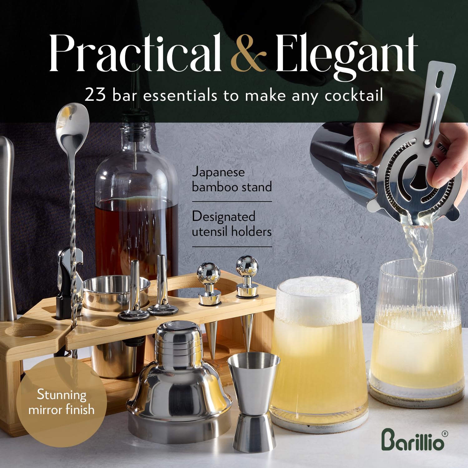 Barillio Bartender Kit - Stainless-Steel Cocktail Shaker Set w/Bamboo Stand - 23-Pc Bar Set - Silver