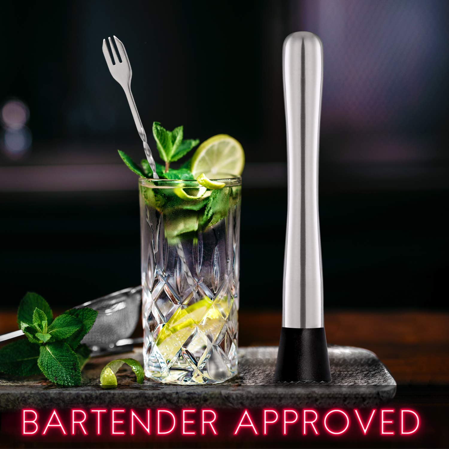 Hiware 10 Inch Stainless Steel Cocktail Muddler and Mixing Spoon Home Bar Tool Set