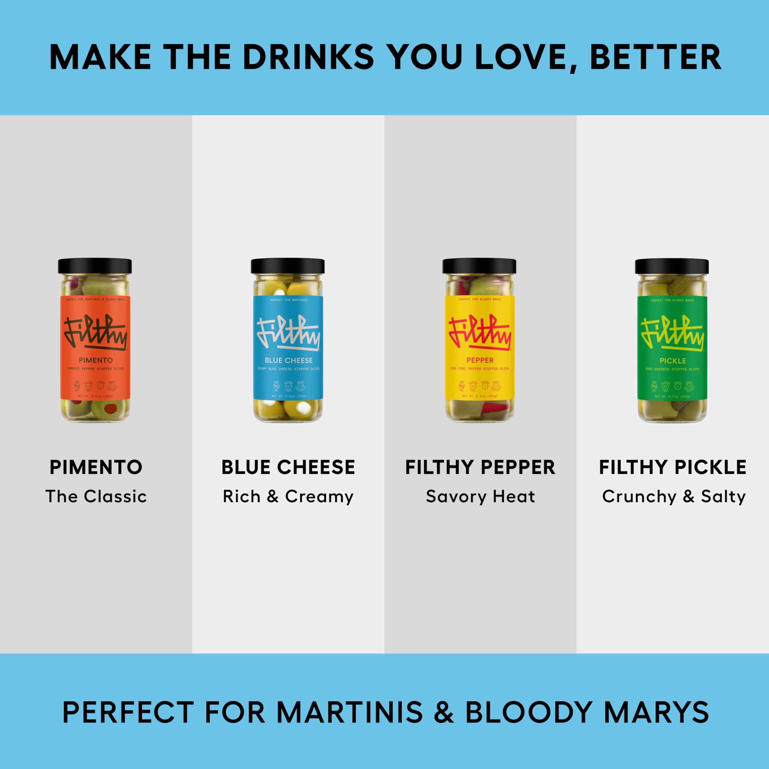 Filthy Blue Cheese Stuffed Olives, Premium Cocktail Garnish