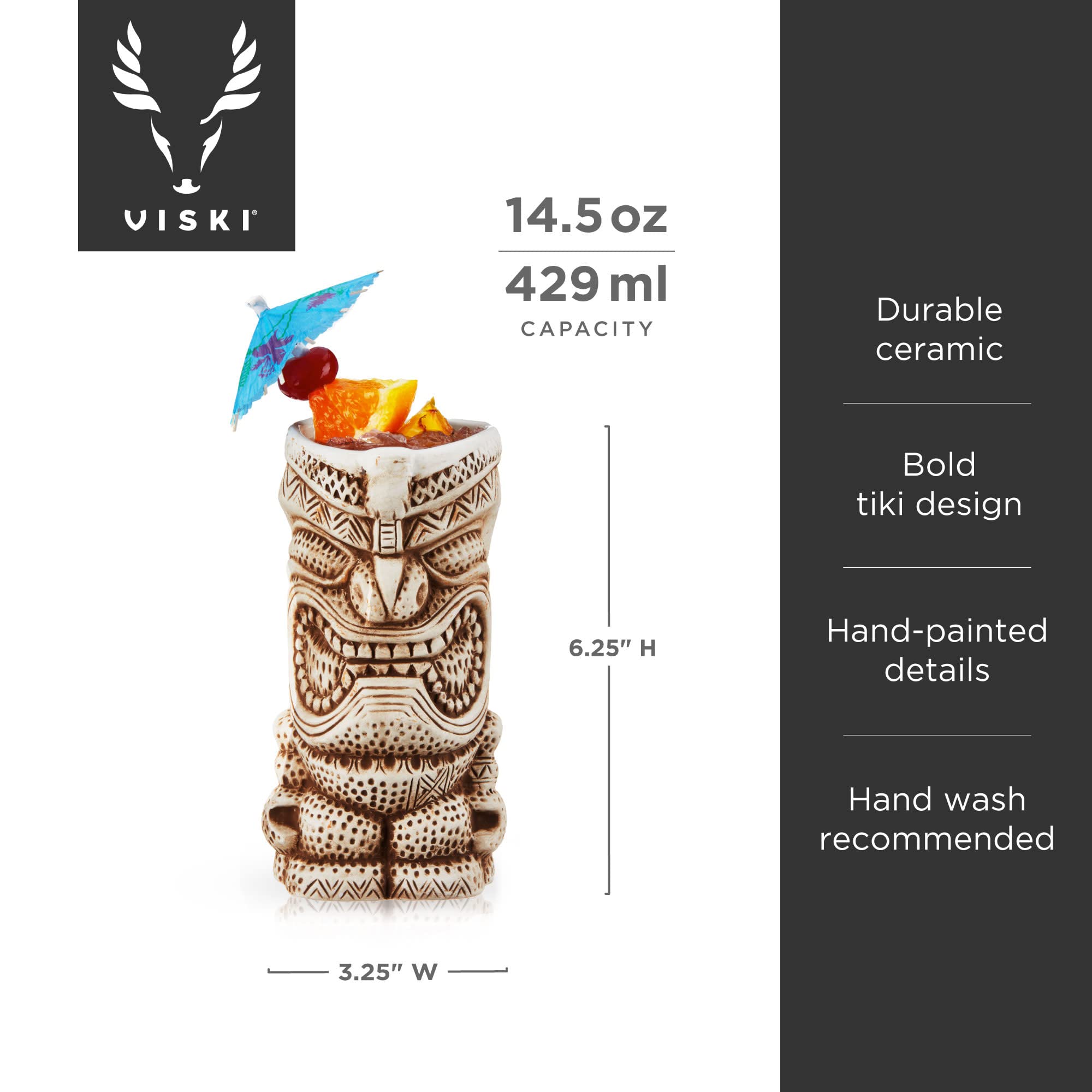 Viski High Tide Tiki Mugs - Hand Painted Ceramic Tiki Glasses for Cocktails