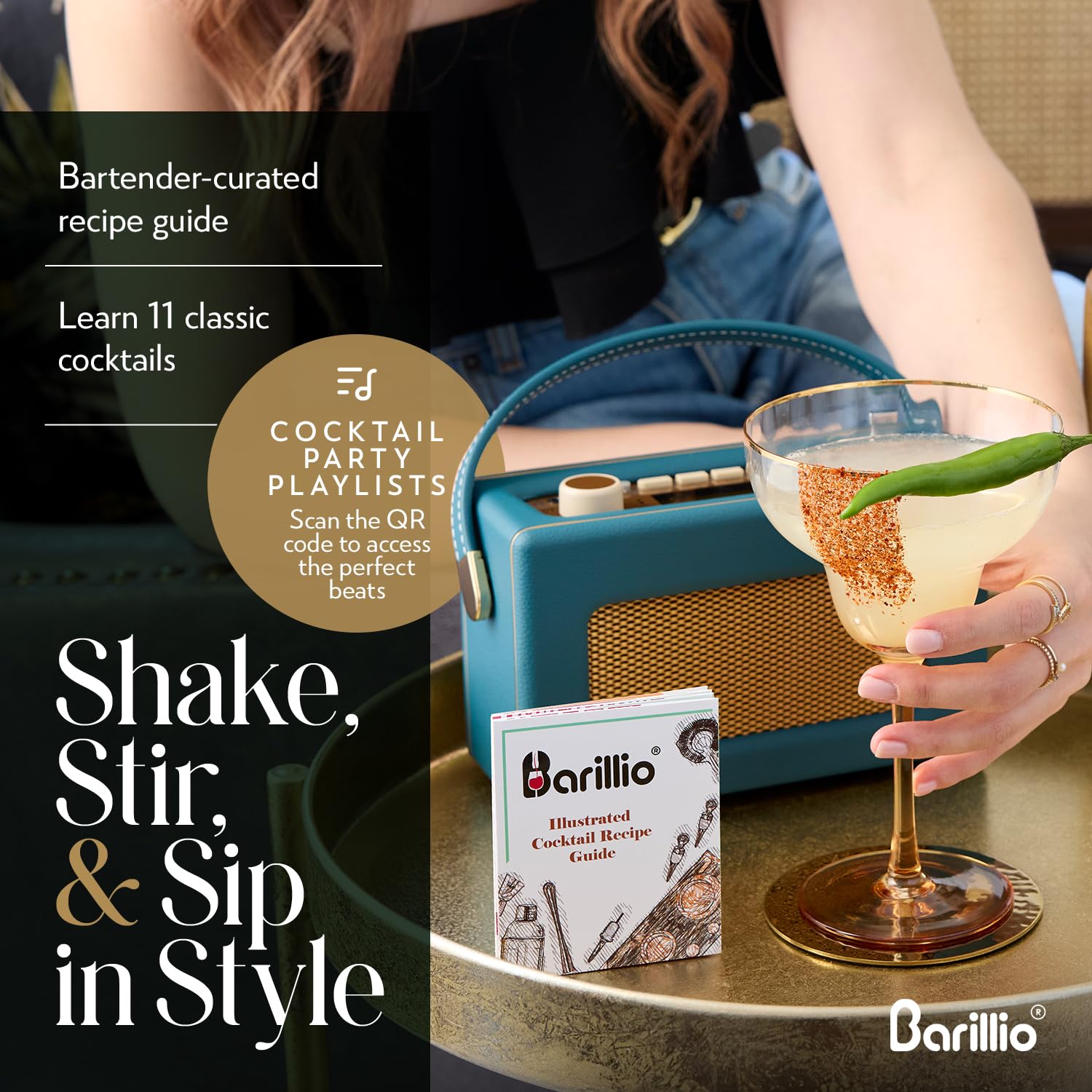 Barillio Bartender Kit - Stainless-Steel Cocktail Shaker Set w/Bamboo Stand - 23-Pc Bar Set - Silver