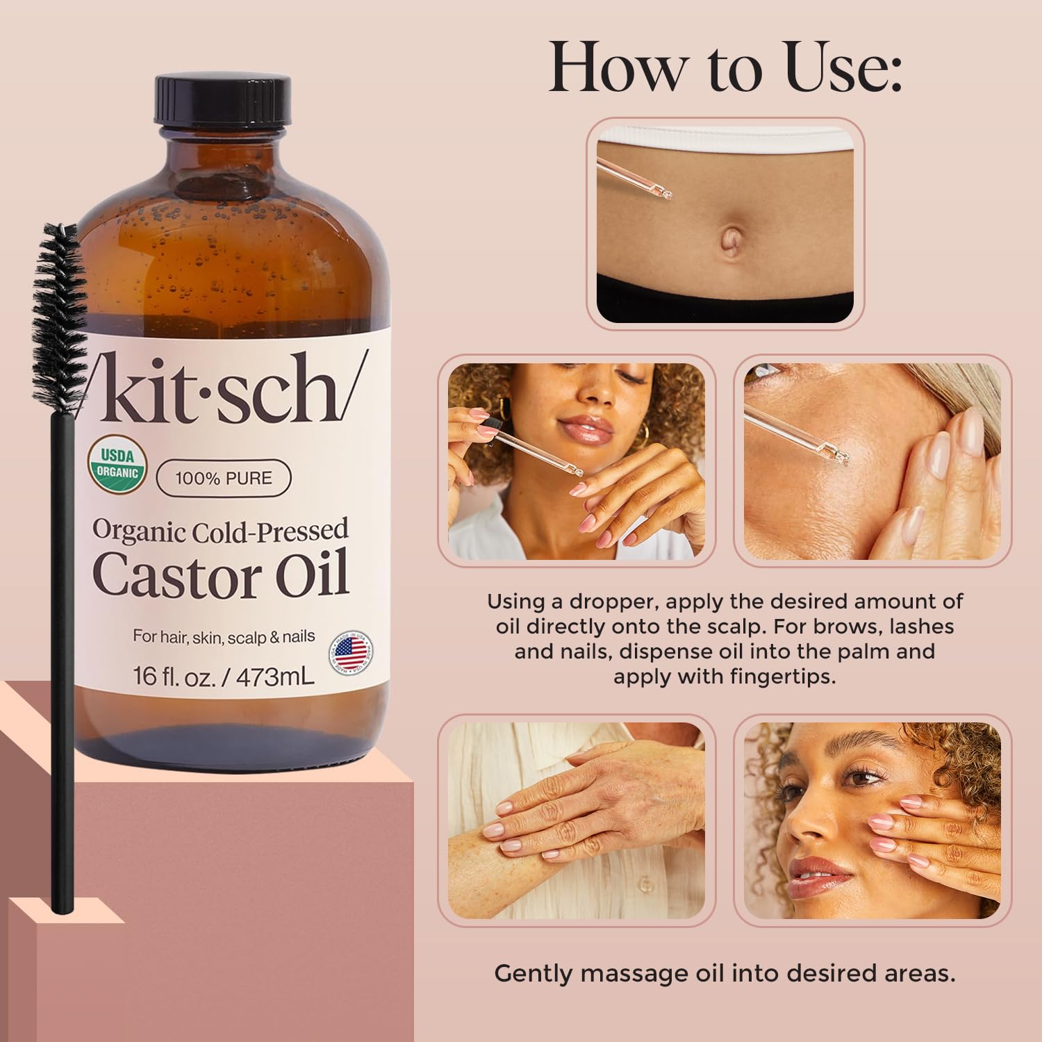Kitsch Organic Castor Oil for Hair Growth - 100% Pure Castor Oil
