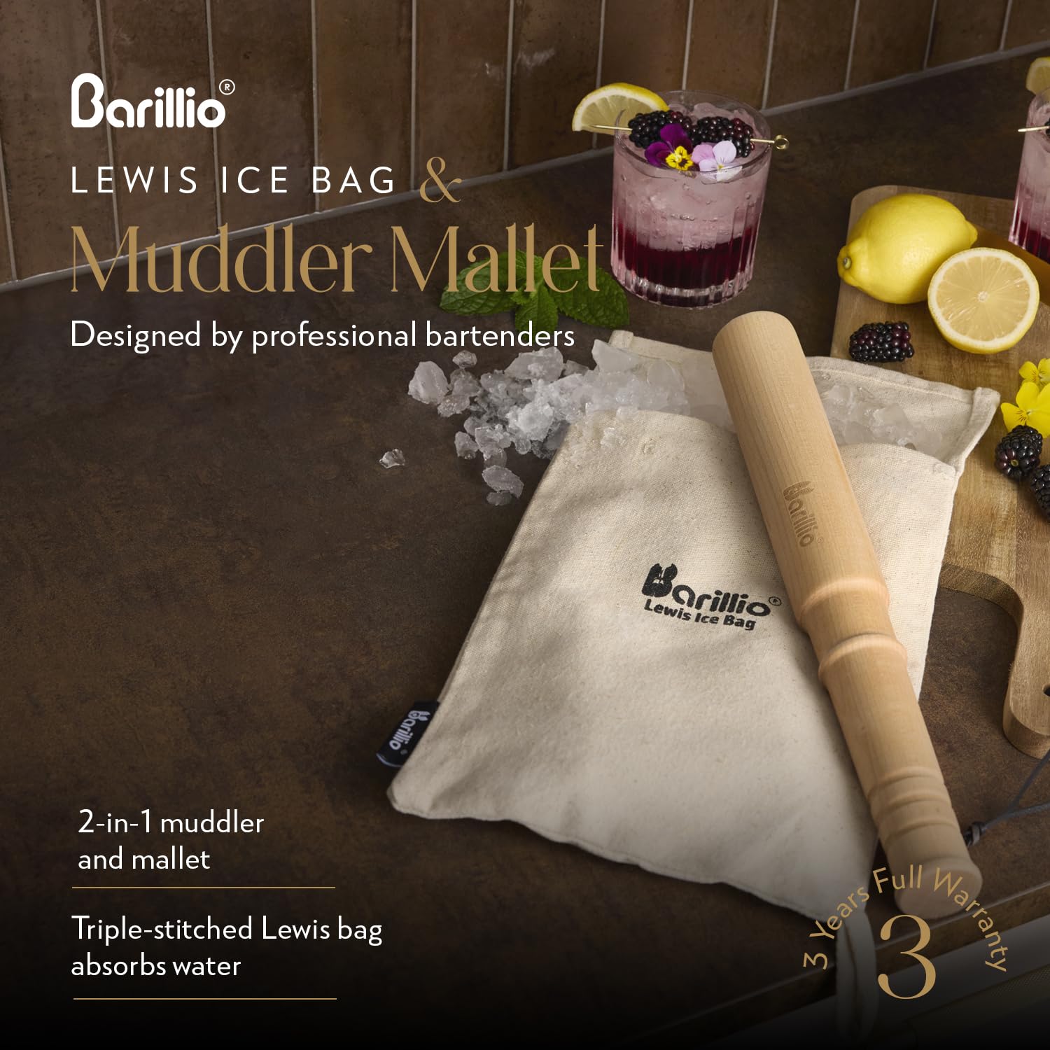 Barillio Drink Muddler Mallet and Lewis Bag Set
