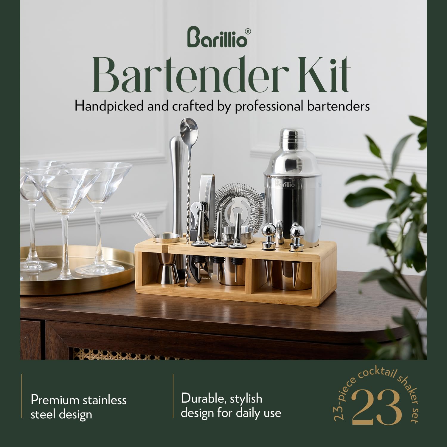 Barillio Bartender Kit - Stainless-Steel Cocktail Shaker Set w/Bamboo Stand - 23-Pc Bar Set - Silver