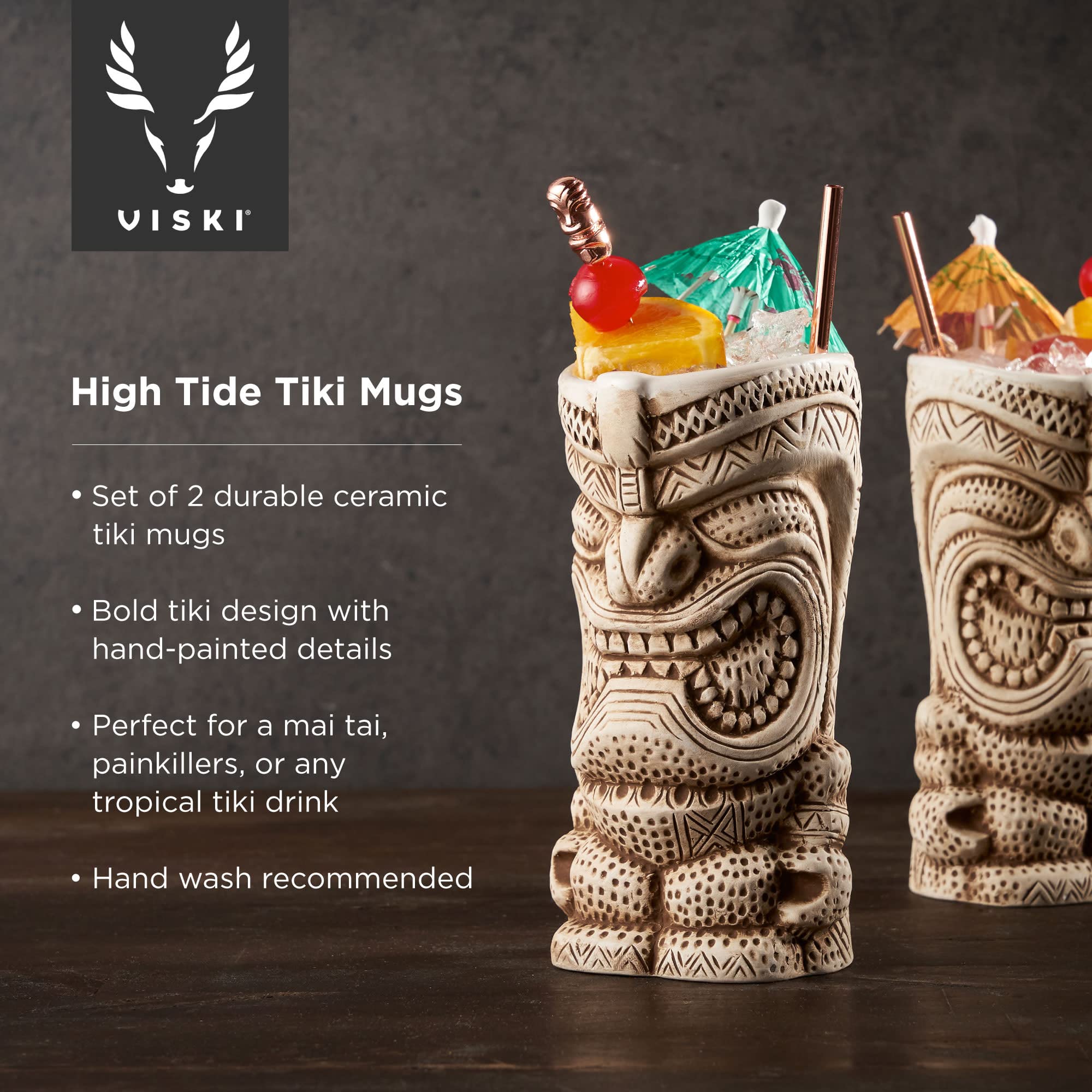 Viski High Tide Tiki Mugs - Hand Painted Ceramic Tiki Glasses for Cocktails