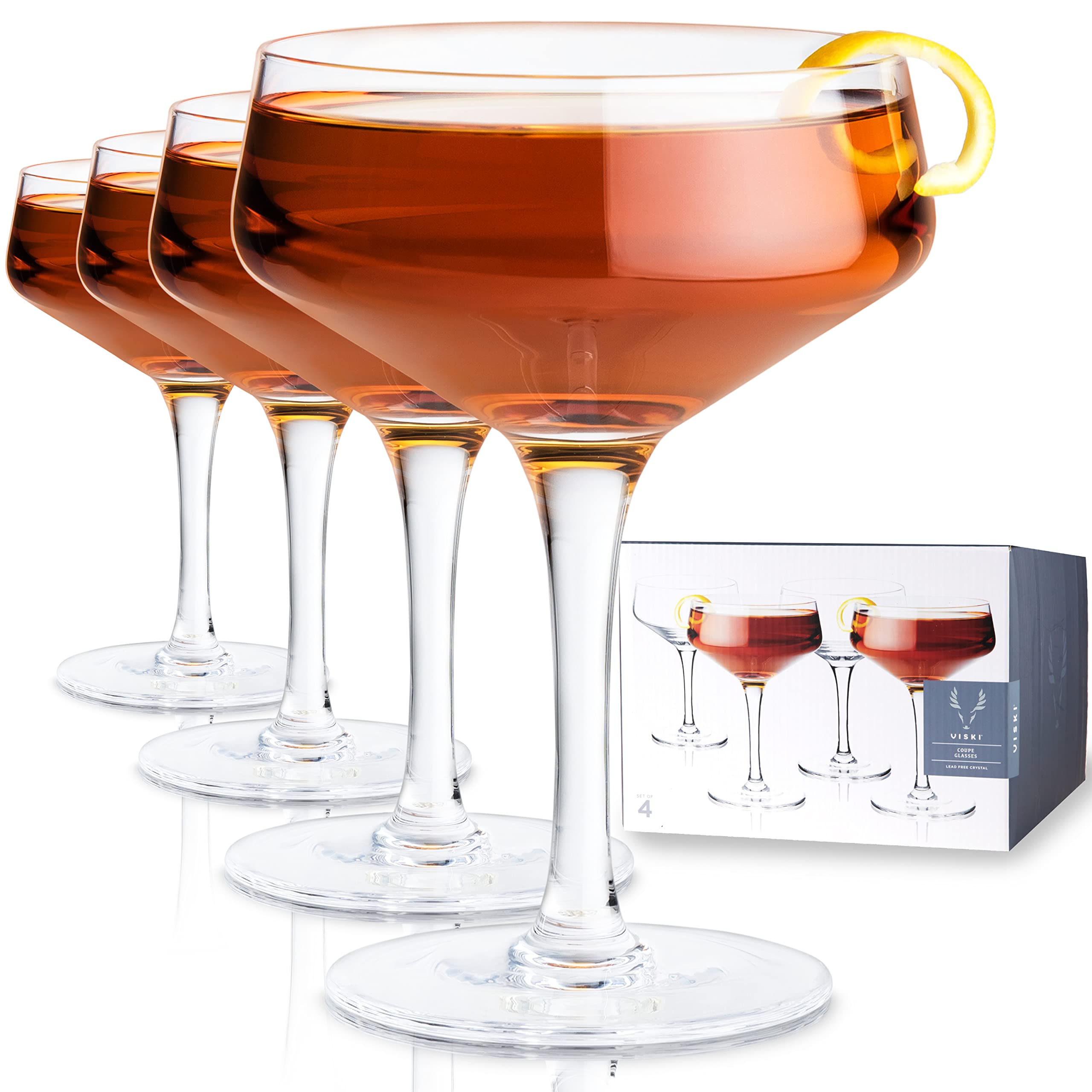 Viski Raye Angled Stemmed Crystal Coupe Cocktail Glass - Set of 4