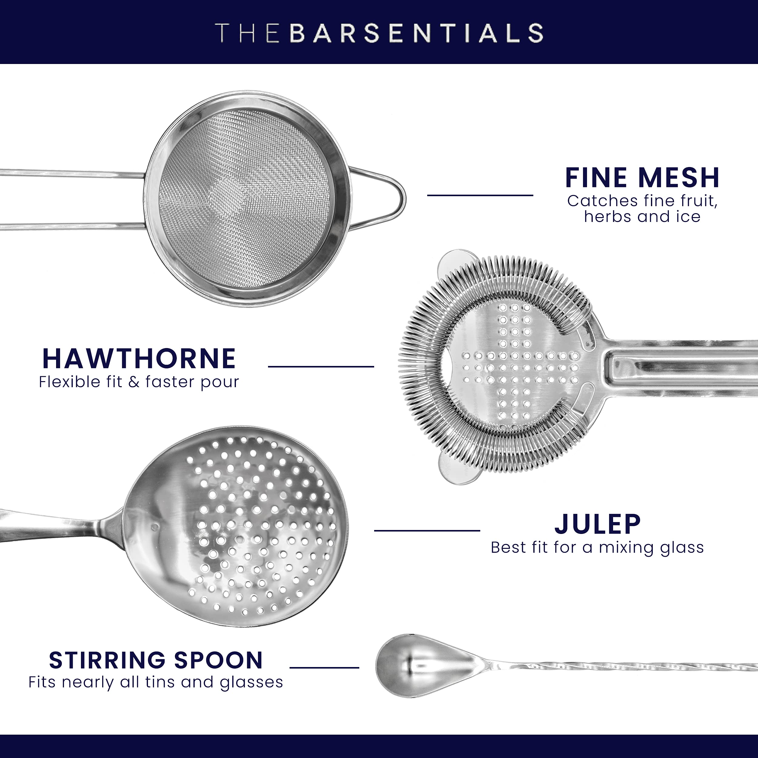 TheBarsentials Cocktail Strainer Set Stainless Steel Bar Tools with Stirring Spoon