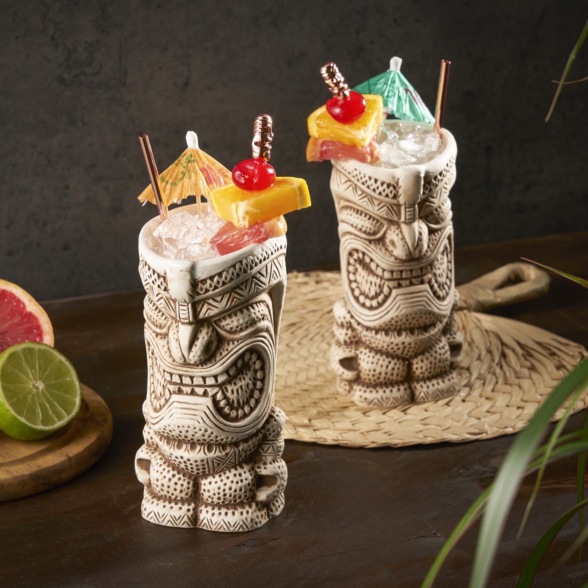 Viski High Tide Tiki Mugs - Hand Painted Ceramic Tiki Glasses for Cocktails