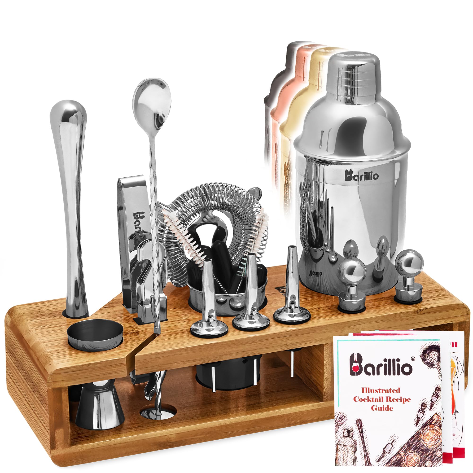 Barillio Bartender Kit - Stainless-Steel Cocktail Shaker Set w/Bamboo Stand - 23-Pc Bar Set - Silver