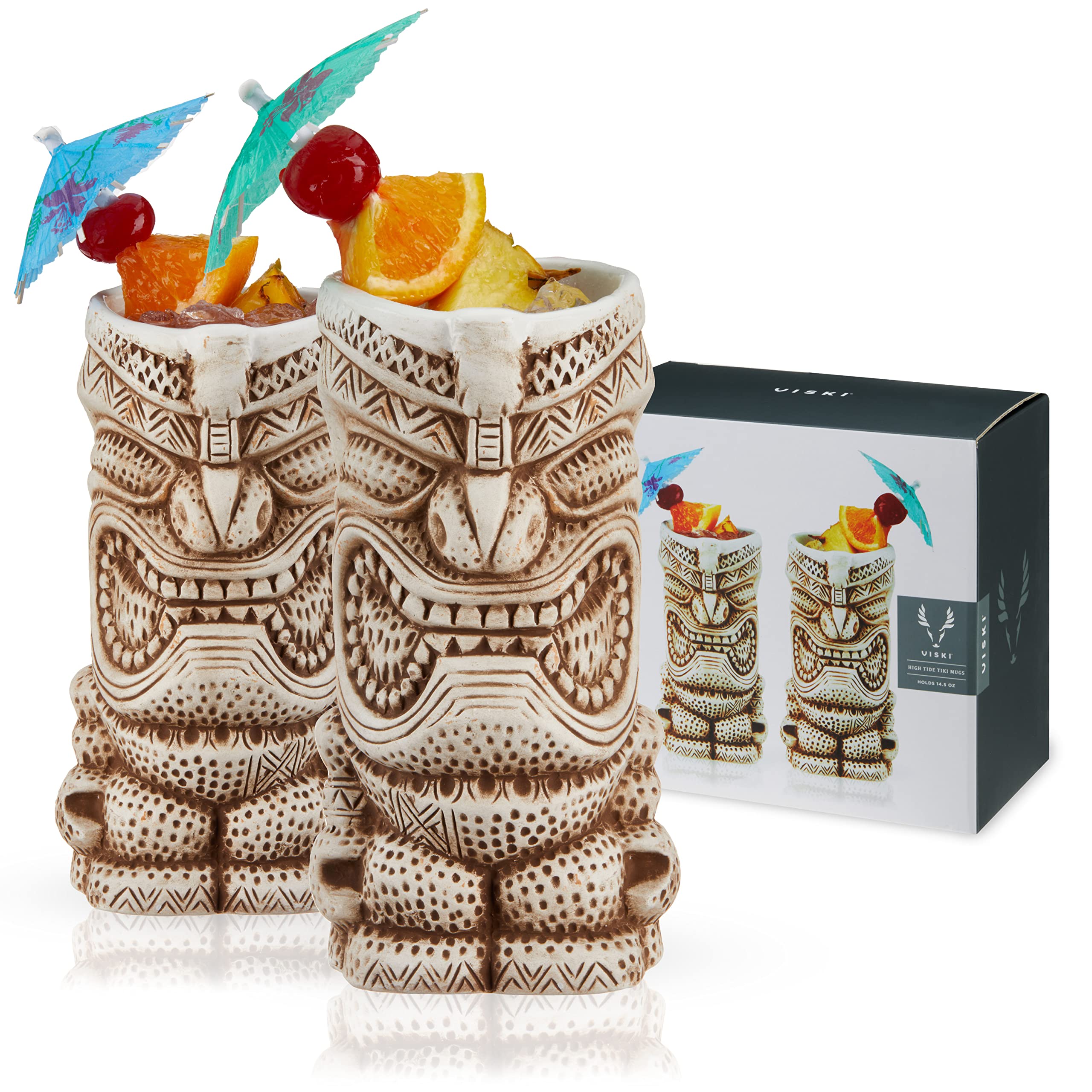 Viski High Tide Tiki Mugs - Hand Painted Ceramic Tiki Glasses for Cocktails